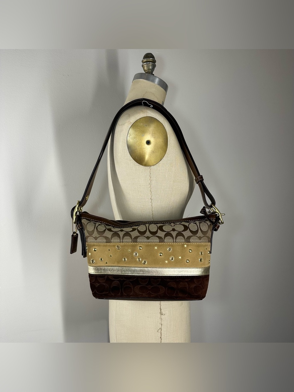 Vintage Coach Monogram Suede Shoulder Bag